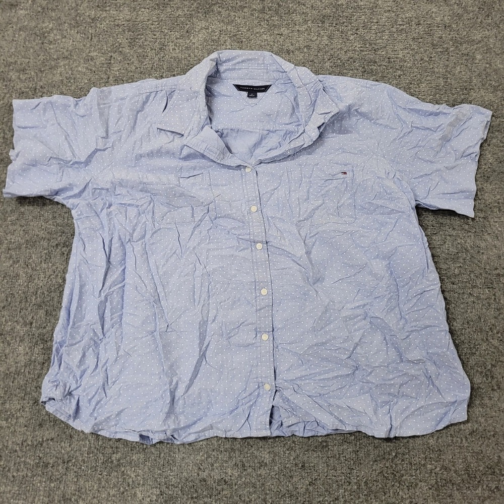 Tommy Hilfiger Shirt Womens Size 1X Blue Polka Dot Cotton Short Sleeve Button Up
